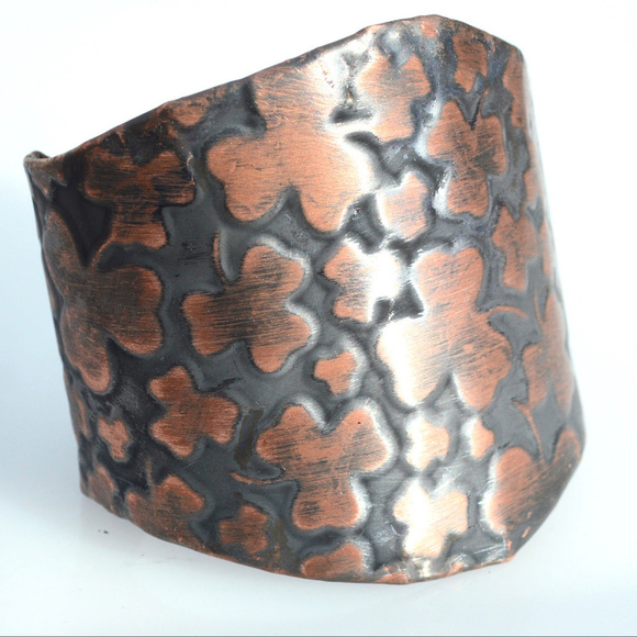 Irish Clover Wide Copper Cuff Bracelet Bracer Leaf Patina Solid Rustic Patina - Picture 2 of 11